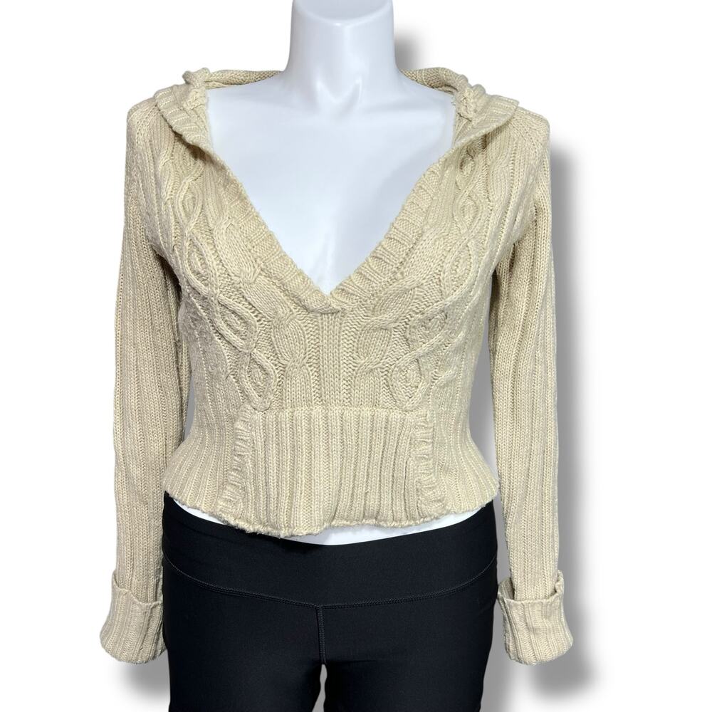 No Boundaries Womens Cable Knit Sweater Pullover Hooded Crop Length Beige Large
